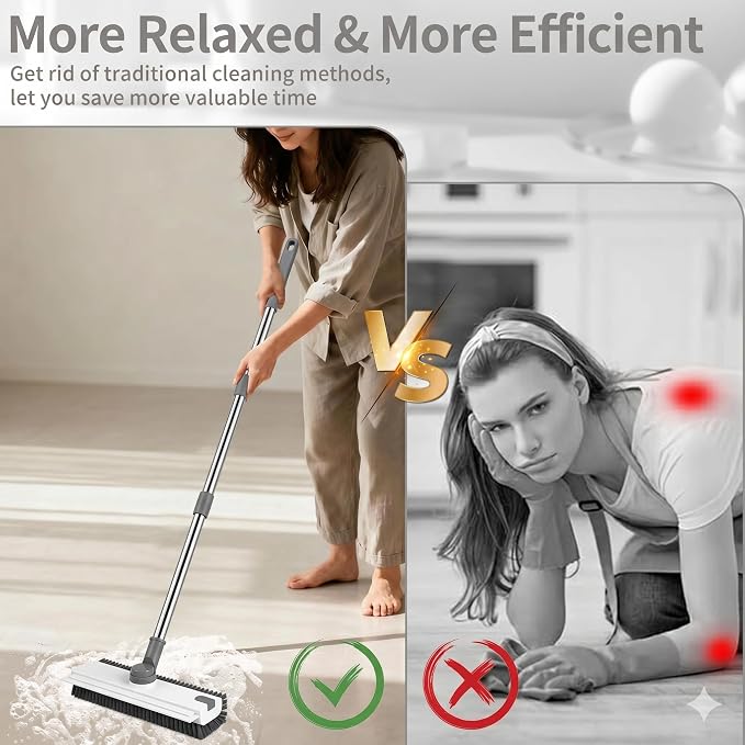3 in 1 Floor Scrub Brush,Floor Scrubber with Squeegee and Tweezer, Push Broom with Long Handle,Heavy-Duty Stiff 90° Bristle Broom for Patio,Shower, Garage,Deck,Tile, Concrete & Wood Surface (White)