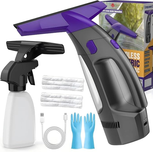 Window Vacuum Squeegee Cordless, 2000Pa Electric Window Cleaner Tool with Spray Bottle & Microfiber Pad, Handheld Window Cleaning Kit for Streak-Free Glass, Shower Doors, Mirrors, Tiles, Car Windows