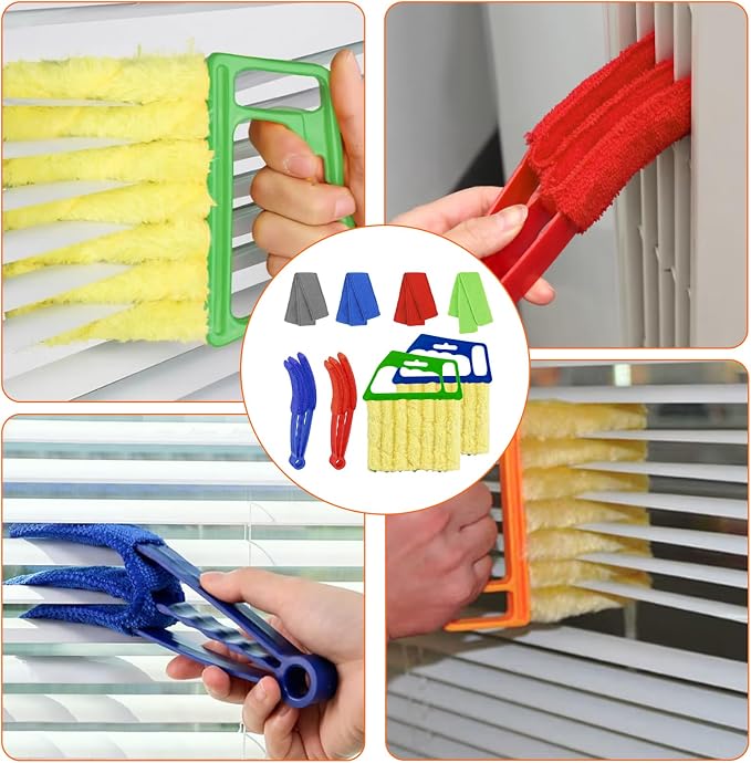 4 Pcs Window Venetian Blind Cleaner Duster Tool Set with 7 Fingers | Blue/Green, For Window Shutters Air Conditioner, Car Vents, Fans. Reusable. Includes 4 Extra Cover