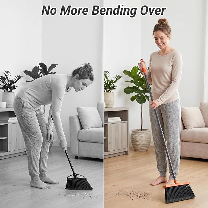 Broom with Dustpan Combo Set, Long Handle Upright Standing Self-Cleaning Broom and Dustpan Set for Pet Hair & Dust Cleanup, Indoor Outdoor Use for Home, Kitchen, Office, Orange & Gray