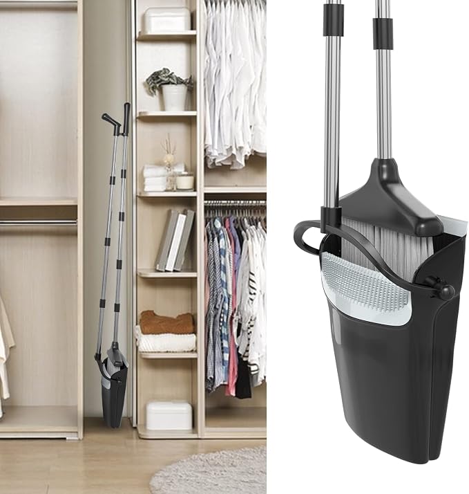 Broom with Dustpan Combo Set 54" Long Handle Angle Broom and Dust Pan for Home Office Cleaning Sweeping (Black and Grey)