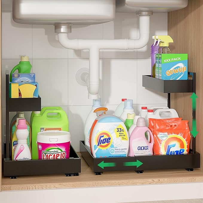 REALINN Under Sink Organizer, L-Shaped Pull Out Cabinet Rack for Kitchen | Expandable Width, 6-Level Height, Built For Bathrooms And Laundry Rooms, Quiet Sliding Rails, Duty Alloy Steel Frame,2 Pack