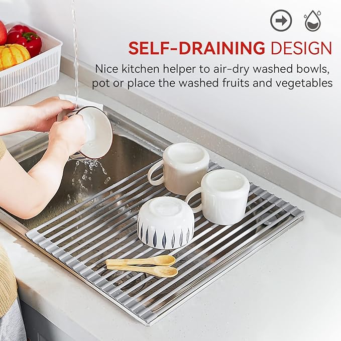 MERRYBOX Roll Up Dish Drying Rack, Over The Sink Dish Rack Foldable, Heat-Resistant, Anti-Slip Silicone Coated Dish Drainer for Kitchen Counter, Large & Multipurpose Sink Drying Rack, 20.5" x 13.1"