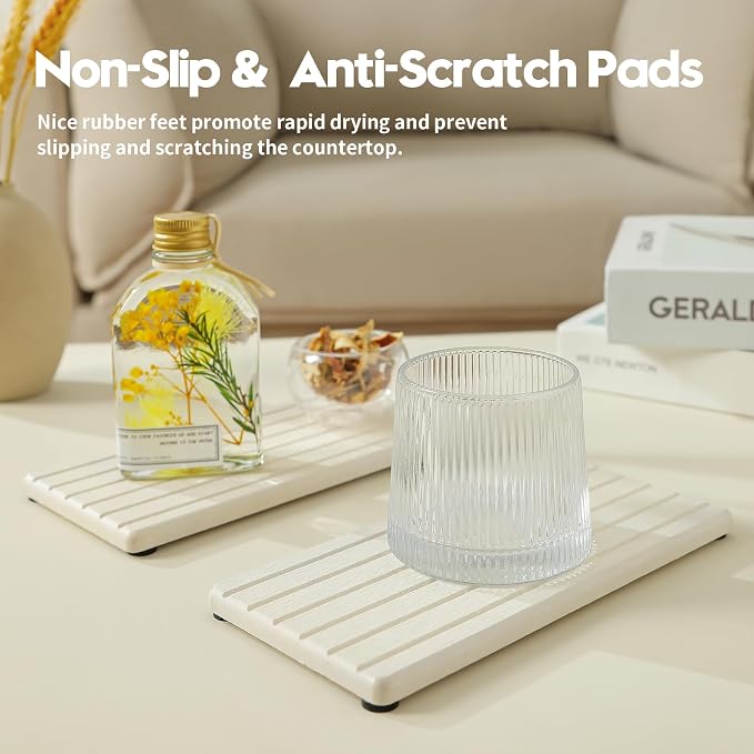 Razborci 2 Pack Greige Bathroom Sink Vanity Trays, Diatomite Stone Kitchen Counter Caddy Dish Soap Dispenser Sponge Holder, Water Absorbing Mat Organizer for Plant,Cosmetic Bottle, Beige, 8"x3.8"