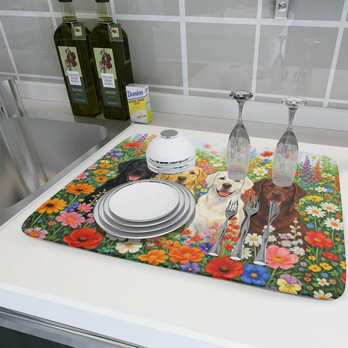 Spring Absorbent Drying Mat Colorful Flowers Dog Dish Drying Mat for Kitchen Counter 18 X 24 In