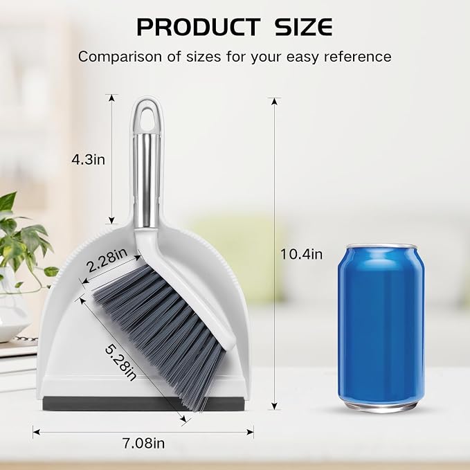 NACENA Mini Broom and Dustpan Set, 2 Packs, White&Gray | Small Dust Pan and Brush Set with Handle Dustpan Teeth for Cleaning Hair Suitable for Desks Sofas Pet Care Outdoor Camping