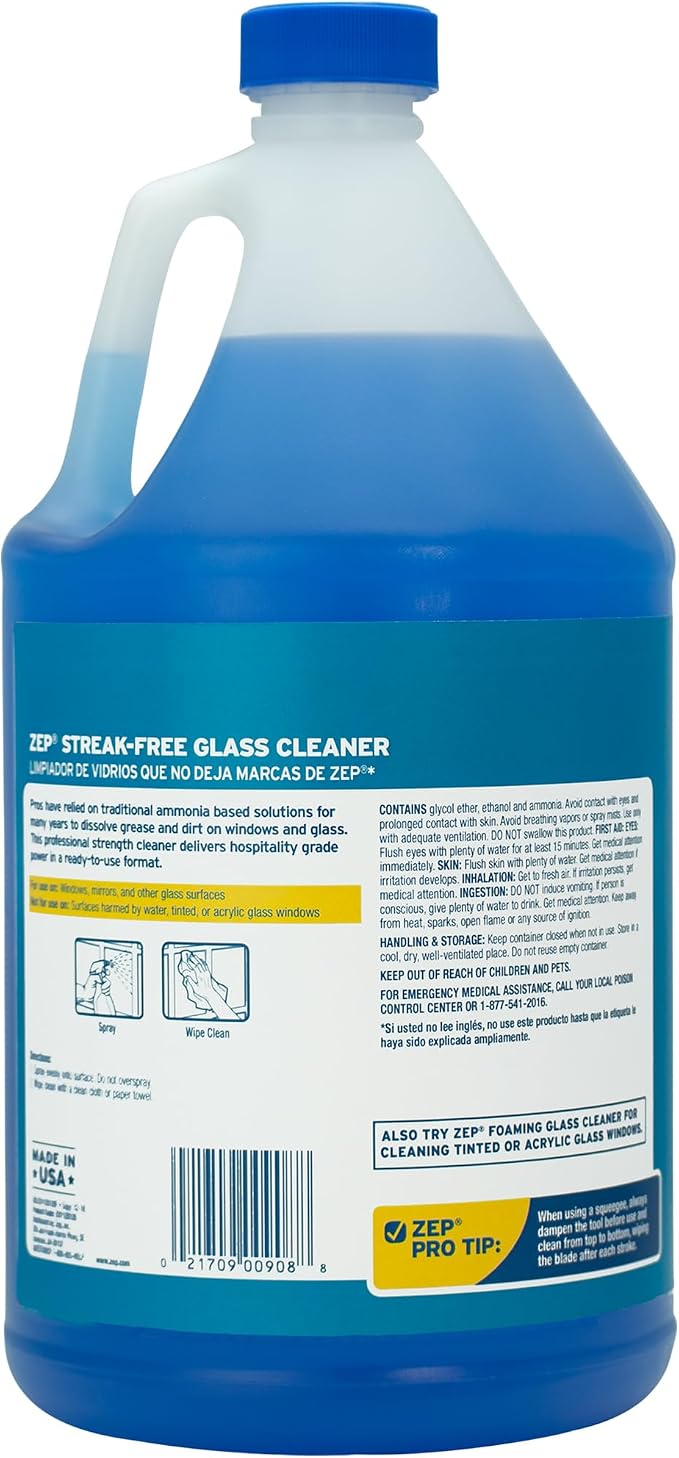 Zep Streak-Free Glass Cleaner - 1 Gallon (Case of 2) ZU11201282- Professional Grade Formula that Cleans Dirt, Fingerprints, Grime, Smoke Haze, and Toothpaste on Windows, Mirrors, and Other Glass