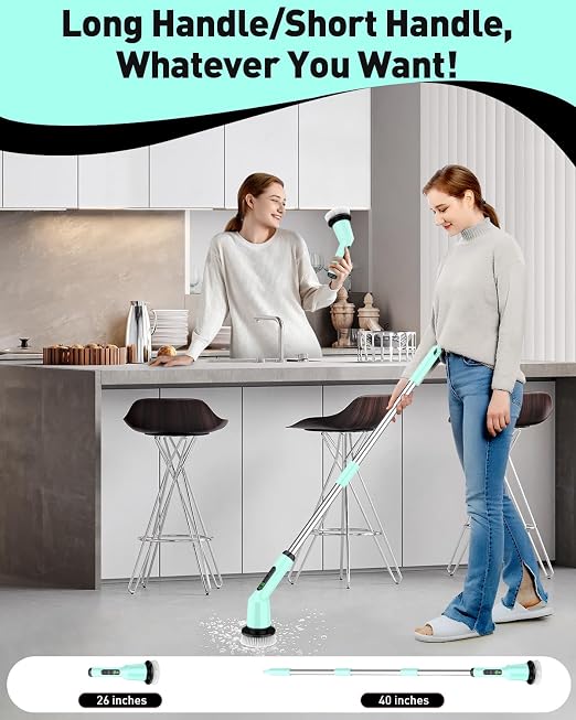 Shower Scrubber with Long Handle, Bathroom Cleaner Brush with 8 Floor Machine Pads, Cordless Electric Spin Scrubber for Cleaning with 2 Speed, Cleaning Supplies for Bathtub Kitchen Floor Mint