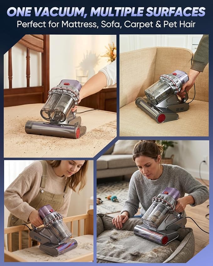 SAKERNEO Bed Vacuum Cleaner with Digital Display & 5-Cyclone Filtration | 14kPa Strong Suction, HEPA Filter, Handheld for Mattress, Carpet, Sofa & Pet Hair Removal