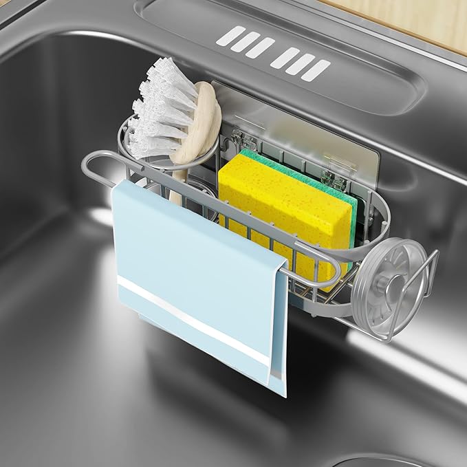 Cisily Kitchen Sink Caddy Sponge Holder in The Sink, Stainless Steel Kitchen Sink Organizer, Brush Holder, Dish Cloth Hanger, Sink Stopper Holder (Suction cup-Grey)