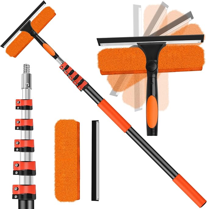 30FT High Window Cleaning Kit with Pole,Professional Window Clean Pole Kit | 2 in 1 Window Squeegee for Window Clean,5-24FT Window Wash Kit Include Replacement,180°Rotatable Squeegee for Indoor/Outdoor