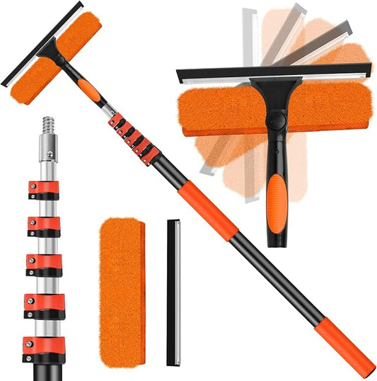 30FT High Window Cleaning Kit with Pole,Professional Window Clean Pole Kit | 2 in 1 Window Squeegee for Window Clean,5-24FT Window Wash Kit Include Replacement,180°Rotatable Squeegee for Indoor/Outdoor