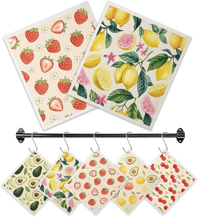 Swedish Dishcloths for Kitchen 5 Pack Fruit Reusable Paper Towels with 3 Hooks Absorbent Washable Dish Cloth Set Cleaning Cloth for Housewarming
