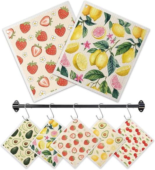 Swedish Dishcloths for Kitchen 5 Pack Fruit Reusable Paper Towels with 3 Hooks Absorbent Washable Dish Cloth Set Cleaning Cloth for Housewarming