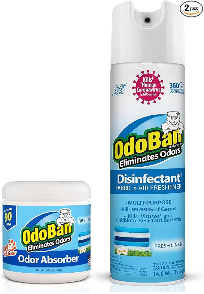 OdoBan Ready-to-Use Disinfectant and Harsh Smell Eliminator, Air and Pet Aroma Freshener and Purifier, Set of 2, 14.6 Ounce 360-Degree Continuous Spray and 14 Ounce Scent Absorber, Fresh Linen Scent