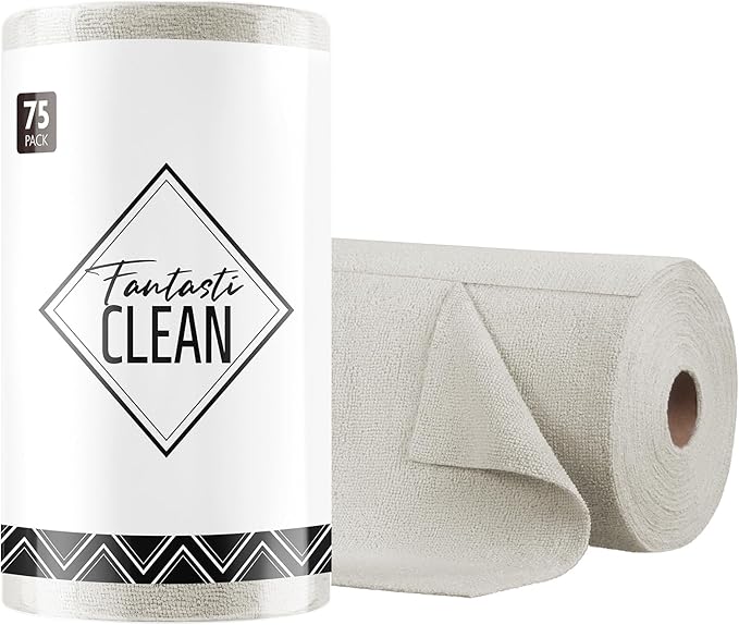 Fantasticlean Microfiber Cleaning Cloth Roll- 75 Sheets, 12"x12" (CoolGrey) | Super Absorbent, Lint-free, Tear-away Microfiber Towel Roll, for All-Purpose Cleaning, Reusable Alternative to Paper Towels