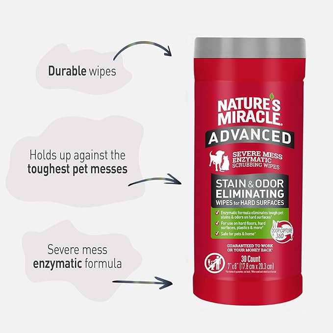 Nature's Miracle Advanced Pet Stain & Odor Eliminating Wipes, 30 Count | Enzymatic Cleaner Eliminates Tough Pet Messes, Quick Clean-Up For Hard Surfaces, Safe For Pets and Home*, Fresh Scent