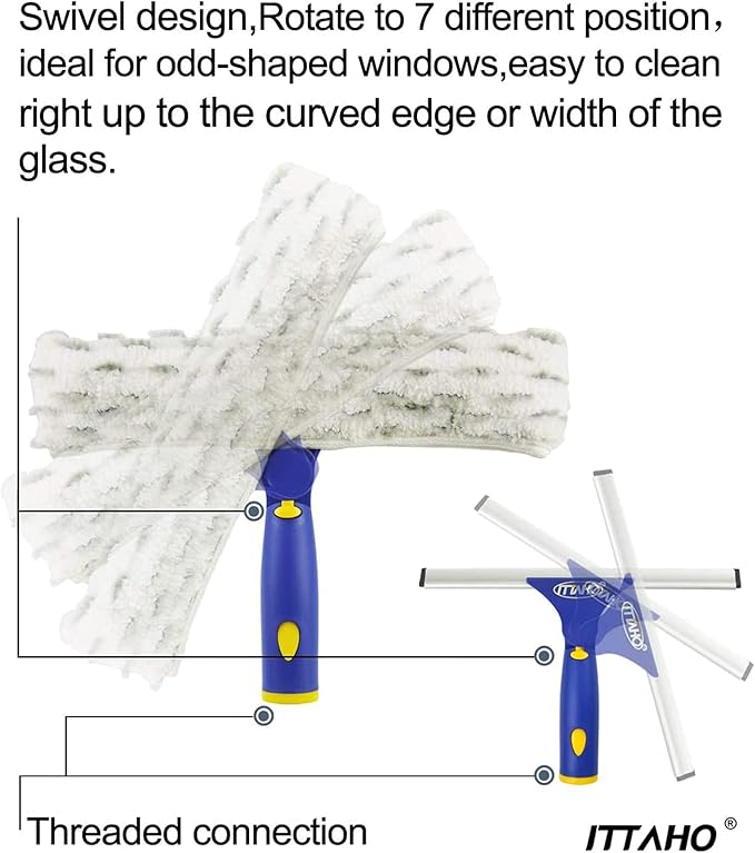 Window Washing Kit with Extension Pole, 10" Squeegee & 11" Microfiber Scrubber Combi with Stainless Steel Pole, Window Cleaner for Car, Sliding Door,Shower Glass Door-Swivel Style-2 Pads