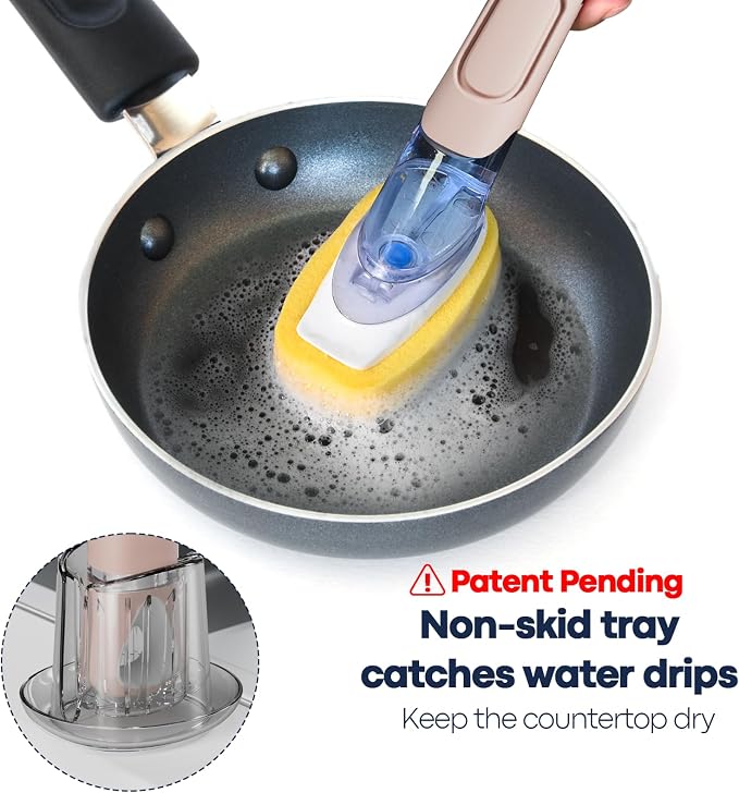 RIMAY Dish Brush Set with Soap Dispenser, 2 Refills and Storage Holder | Soap Dispensing Dish Brush dish scrubber with handle for Cleaning Dishes, Pans, Sink, Pots, Pink