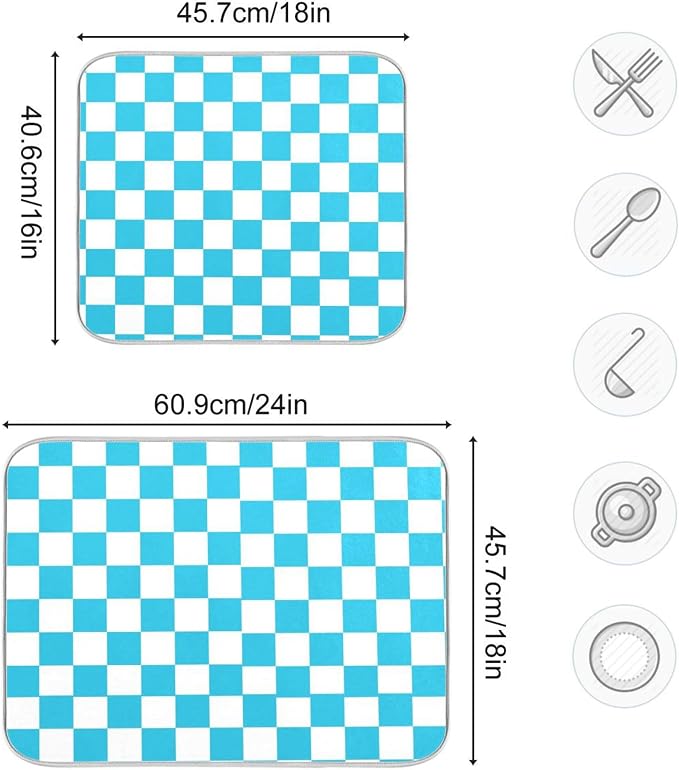 Turquoise Chessboard Dish Drying Mat for Kitchen Countertop 18x24 Teal Plaid Checkered Rectangle Large Drying Mat Reusable Quick Dry Dish Sink Absorbent Mats Easy Clean Decorative Home Essentials