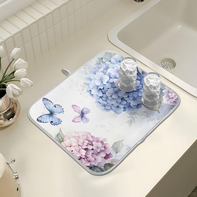 Blue Pink Hydrangea Spring Floral Dish Drying Mat for Kitchen Counter Absorbent Microfiber Large Drying Pad Dish Mats for Kitchen Countertops 18 x 24 Inch