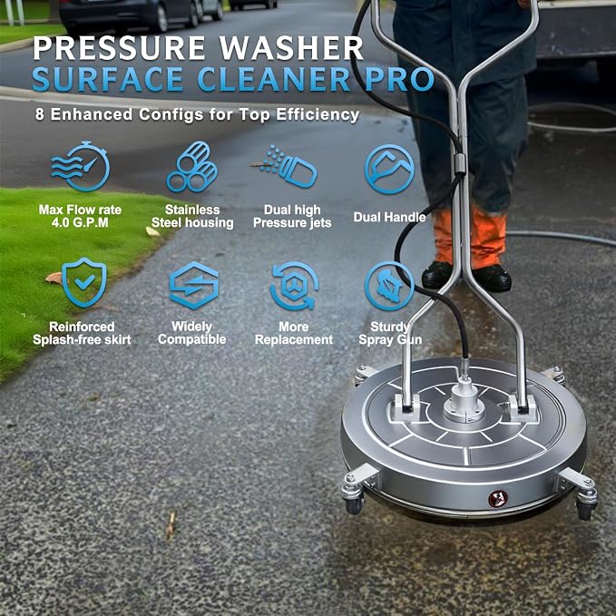 RAYNEL 30" Pressure Washer Surface Cleaner, Power Washer Accessory | Stainless Steel Housing, 4 Wheels, Dual Handles, 2 Hose Adapters, 5 Spray Nozzles & 4 Replacement Nozzles, Max 4000 PSI