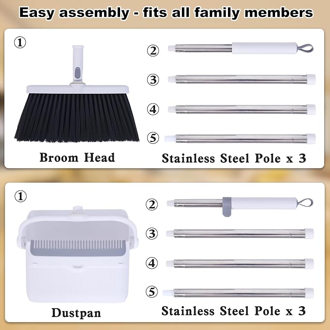 Heavy Duty Broom and Standing Dustpan Combo Set, Rotatable Head Dust Pan and Brush Set with Collapsible Handle, Cleaning Teeth, Hanging Loop, Ideal for Pets, RV, Kitchen, Camping, Outdoor Floor, White
