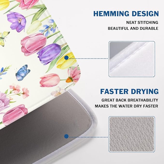Spring Floral Dish Drying Mat for Kitchen Counter Easter Tulip Lavender Flower Microfiber Dish Drainer Mat Rustic Farmhouse Absorbent Washable Drying Pad Extra Large 18"x24"