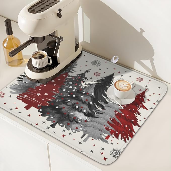 Christmas Gray Red Tree Dish Drying Mat 16x18 Inch Xmas Snowflake | Winter，Polyester，Absorbent Microfiber，for Kitchen Coffee Dining Bar Decor