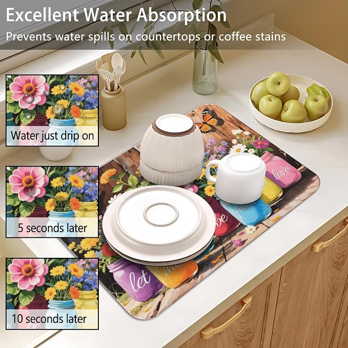 Dish Drying Mat 2-Pack in Mason Jar Floral for Kitchen Counter Dishes Mat | Diatom Mud Mats (18x24, 19.5x12"). Non-slip rubber back for kitchen counter, coffee bar & sink scenes