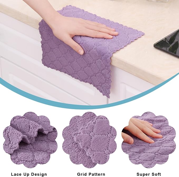 Homaxy 12 Pack Kitchen Dish Cloths (10 x 10 Inches, Purple), Super Soft and Absorbent Coral Velvet Dish Towels, Nonstick Oil Fast Drying Microfiber Cleaning Cloth, No Lint Household Dishcloths