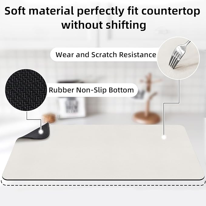 LOPNUR Kitchen Dish Drying Mat, 31.5"x17" Dish Drying Mats for Kitchen Counter, Diatomite Coffee Mat, Super Absorbent Dish Drying Pad, Heat Resistant Mat with Anti-slip Rubber Backed, Cream White