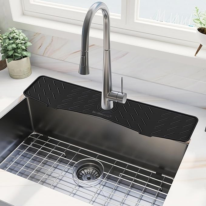 Faucet Mat for Kitchen Sink – 24” x 5.1” Extra-Long Silicone Splash Guard with 10° Slope & Upgraded Drainage – Gen 3 Sink Water Catcher & Sponge Holder for Kitchen, Bathroom (Black)