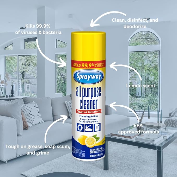 Sprayway All Purpose Cleaner Foaming Spray | Lemon Scent | 19oz | 6 Pack | Disinfectant & Multi-Surface Cleaner | Cuts Grease & Grime | Kills 99.9% of Germs | 19oz