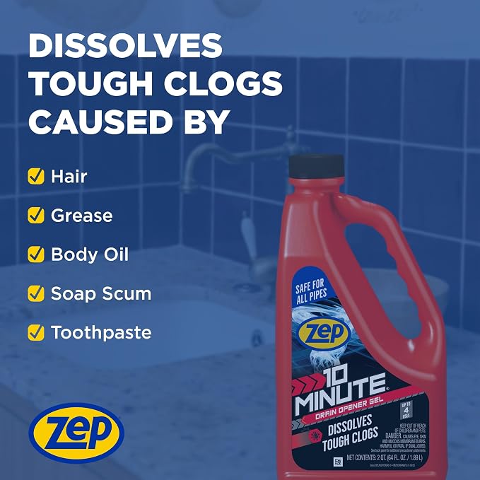 Zep 10 Minute Drain Opener Gel 64 oz (Case of 6) ZHCR64NG - Commercial Strength, Fast Acting and Safe For All Pipes