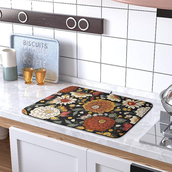 Vintage Floral Dish Drying Mat for Kitchen Counter Retro Sunflower Floral Absorbent Microfiber Dry Dish Mat Reversible Washable Dish Drainer Rack Mat 16x18 Inch