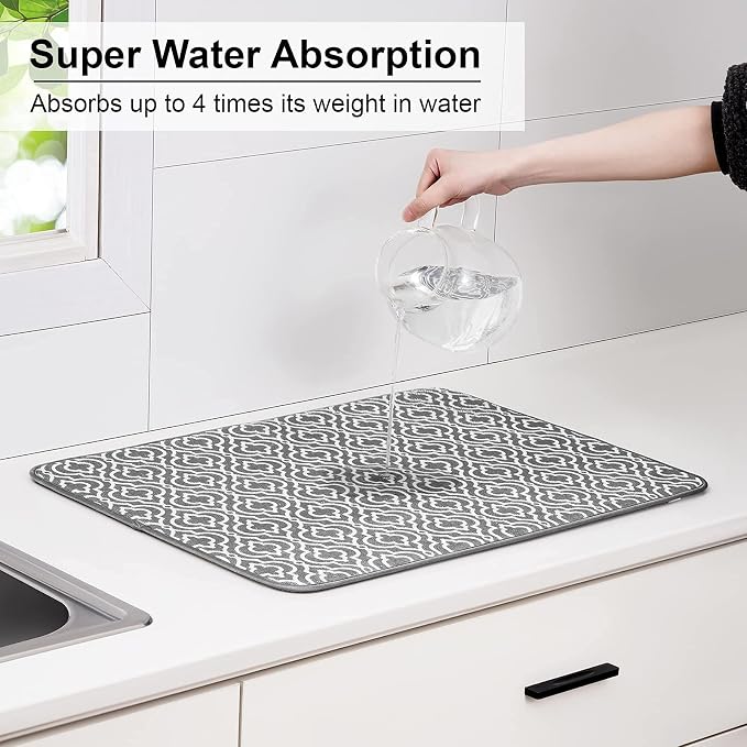SUBEKYU 24" x 18" Dish Drying Mat, Dish Mat Drying Kitchen Mat Large, Absorbent Microfiber Dish Drainer/Rack Pads, XL, Grey, 2 PACK