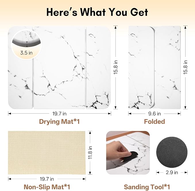 Stone Drying Mat for Kitchen Counter, Foldable Quick-Dry Dish Drying Mat, Water-Absorbent Marble Diatomaceous Earth Mats for Dishes, Cups & Bottles on Any Countertop(20"x16")
