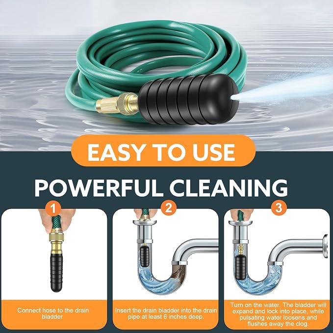 3-Pack Drain Bladder Kit, Water-Powered Rubber Drain Cleaning Bladder, Fits 1 to 6 Inch Pipes, Ideal for Clearing Bathroom Sinks, Showers, Swimming Pool Drains, Kitchen Sinks and Main Drains Clogs
