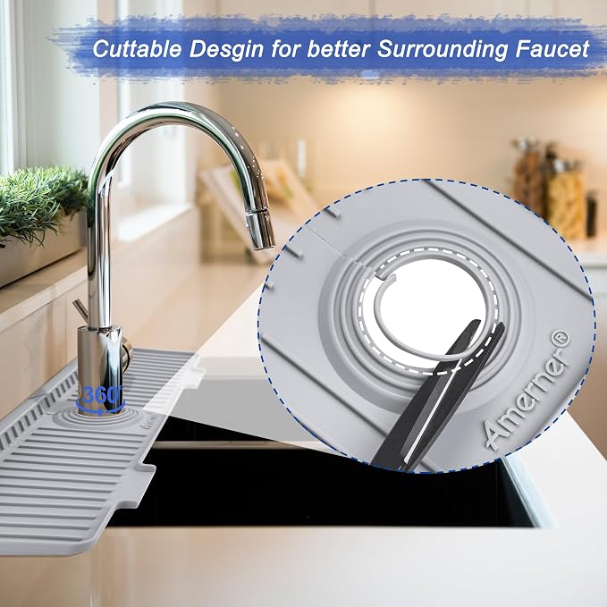 Amerner 20 inch Kitchen Sink Splash Guard, 10° Large Slope & Adaptable Hole Faucet Mat for Kitchen Sink, Silicone Sink Organizer Sponge Holder for Kitchen, Bathroom, RV, Bar, 20” x 5.5”, Gray