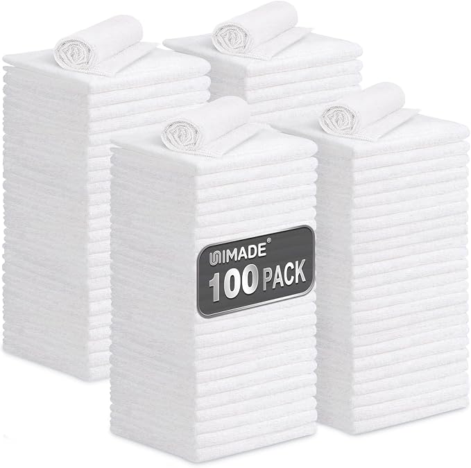 UNIMADE Shop Towels, 100 Pack Commercial Grade Work Rags Microfiber Towels for Cars Cleaning Rags Bulk Detailing Cloth for Automotive Bar Mechanic Restaurant Garage Housekeeping, 11.5"x 11.5", White