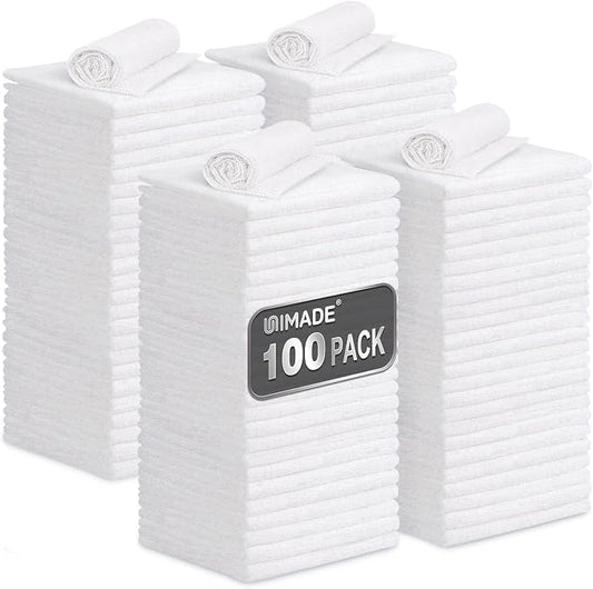 UNIMADE Shop Towels, 100 Pack Commercial Grade Work Rags Microfiber Towels for Cars Cleaning Rags Bulk Detailing Cloth for Automotive Bar Mechanic Restaurant Garage Housekeeping, 11.5"x 11.5", White