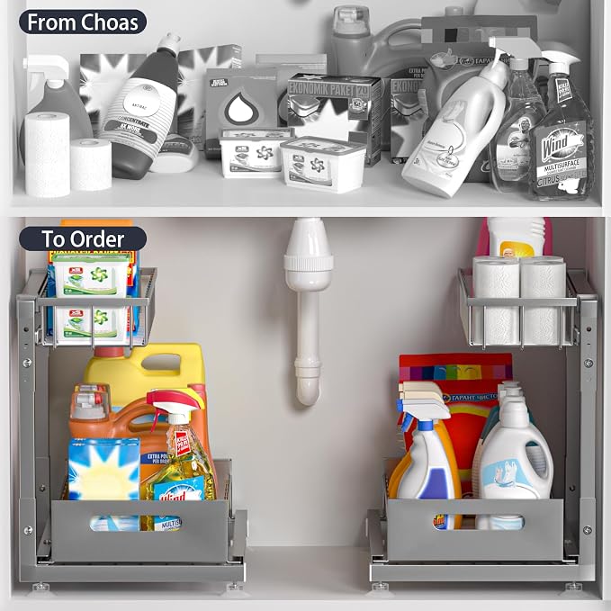 Saydear 2-Pack L-Shaped Under Sink Organizer, 2-Tier Pull-out Cabinet Rack | Grey Height-Adjustable Steel Rack, Sliding Grid Drawers with PP Liners, Holds 100 Lbs, Suction Base, Ideal Kitchen Storage
