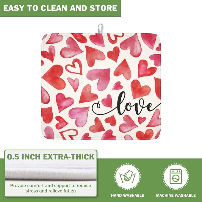 Valentine's Day Red and Pink Heart Dish Drying Mat 16x18 Inch | Polyester，Absorbent Microfiber，for Kitchen Coffee Dining Bar Decor