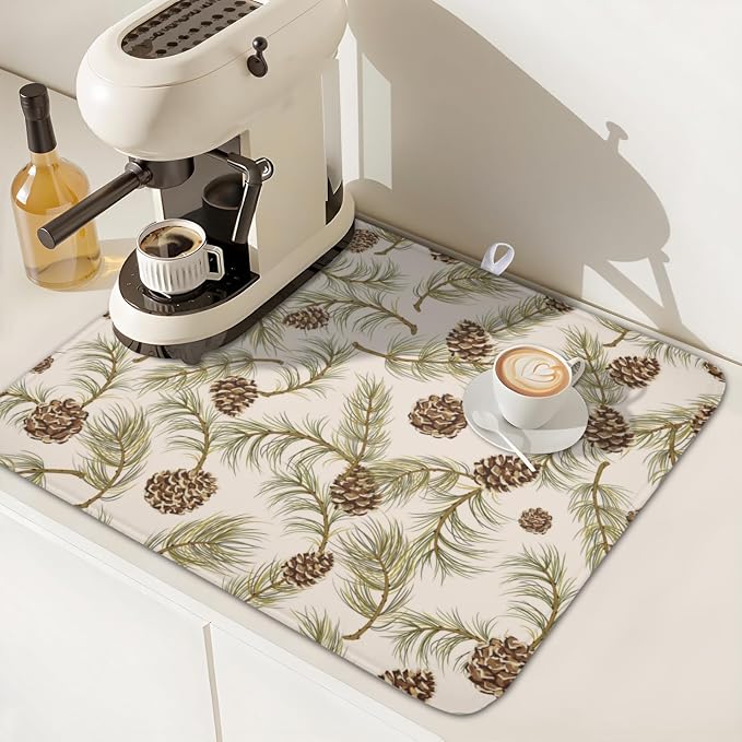 Winter Pine Cone Dish Drying Mat for Kitchen Counter Christmas Pinecone Pine Tree Branches Dish Drainer Mat Xmas Holiday Rustic Absorbent Washable Drying Pad 16"x18"