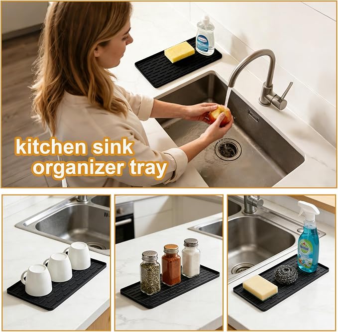 Silicone Coffee Mat, 16"X7" Heat-Resistant,Eco-friendly,Hygienic Drying Pad,Leak-Proof and Non-Slip,Removable Silicone Mat with Concave and Convex Design,（Black 16X7）
