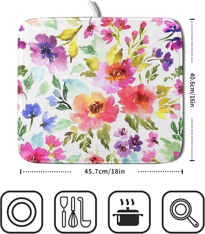 Spring Floral Dish Drying Mat for Kitchen Counter Flower Microfiber Absorbent Dish Draining Reusable Washable Foldable 16"x18"
