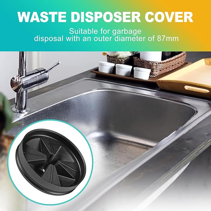 2 Pack 3 3/8 Inch Garbage Disposal Splash Guard & Stopper Set, Drain Cover & Strainer, Easy Install Replacement Parts for Kitchen Sinks, Essential Home Kitchen Accessory, Black