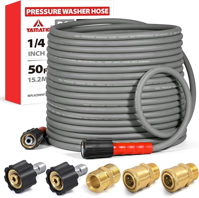 YAMATIC Upgraded Flexible Pressure Washer Hose 50FT 1/4", 3200 PSI Non-Kink Replacement with M22-14mm & 3/8" Quick Connect Adapters, Extension for Gas Power Washer Troy-Bilt Ryobi Honda Craftsman