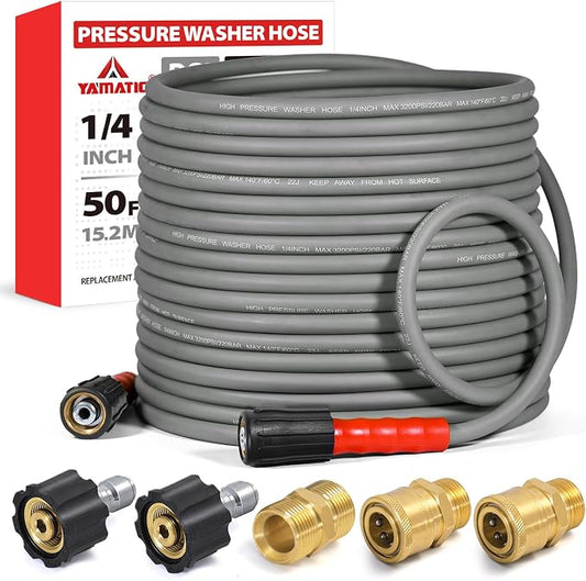 YAMATIC Upgraded Flexible Pressure Washer Hose 50FT 1/4", 3200 PSI Non-Kink Replacement with M22-14mm & 3/8" Quick Connect Adapters, Extension for Gas Power Washer Troy-Bilt Ryobi Honda Craftsman